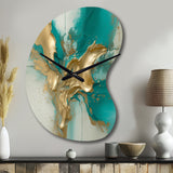 Gold And Turquoise Marble Fuild Ink II - Asymmetric Metal Wall Clock