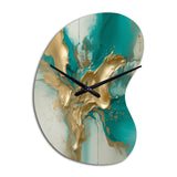 Gold And Turquoise Marble Fuild Ink II - Asymmetric Metal Wall Clock