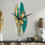 Gold And Turquoise Marble Fuild Ink II - Asymmetric Metal Wall Clock