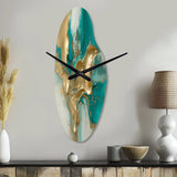 Gold And Turquoise Marble Fuild Ink II - Asymmetric Metal Wall Clock