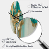 Gold And Turquoise Marble Fuild Ink II - Asymmetric Metal Wall Clock