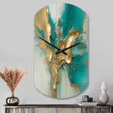 Gold And Turquoise Marble Fuild Ink II - Asymmetric Metal Wall Clock