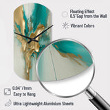 Gold And Turquoise Marble Fuild Ink II - Asymmetric Metal Wall Clock