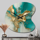 Gold And Turquoise Marble Fuild Ink II - Asymmetric Metal Wall Clock