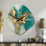 Gold And Turquoise Marble Fuild Ink II - Asymmetric Metal Wall Clock