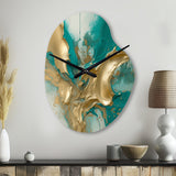 Gold And Turquoise Marble Fuild Ink II - Asymmetric Metal Wall Clock