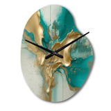 Gold And Turquoise Marble Fuild Ink II - Asymmetric Metal Wall Clock