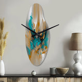 Yellow And Turquoise Marble Fuild Ink - Asymmetric Metal Wall Clock