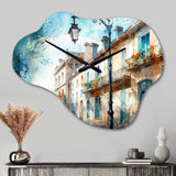 Blue And Beige French Small Town - Asymmetric Metal Wall Clock