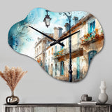 Blue And Beige French Small Town - Asymmetric Metal Wall Clock