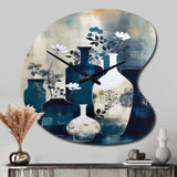 Blue And Cream Whimsical Clay Vase II - Asymmetric Metal Wall Clock