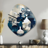 Blue And Cream Whimsical Clay Vase II - Asymmetric Metal Wall Clock
