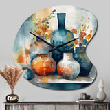 Blue And Orange Artisanal Boho Pottery I - Asymmetric Metal Wall Clock