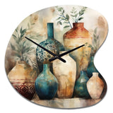 Green And Orange Artisanal Boho Pottery I - Asymmetric Metal Wall Clock