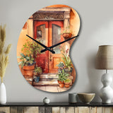 Red And Beige Garden Door Gateway - Asymmetric Metal Wall Clock