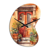 Red And Beige Garden Door Gateway - Asymmetric Metal Wall Clock