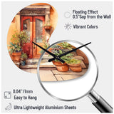 Red And Beige Garden Door Gateway - Asymmetric Metal Wall Clock