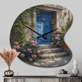 Blue And Pink Garden Door Gateway I - Asymmetric Metal Wall Clock