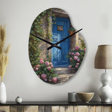 Blue And Pink Garden Door Gateway I - Asymmetric Metal Wall Clock