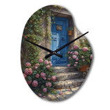 Blue And Pink Garden Door Gateway I - Asymmetric Metal Wall Clock