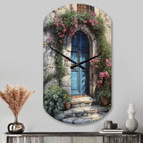 Blue And Pink Garden Door Gateway II - Asymmetric Metal Wall Clock