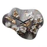 Golden White Butterfly Wings And Flowers III - Asymmetric Metal Wall Clock