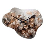 Rose Gold Butterfly Wings And Flowers I - Asymmetric Metal Wall Clock