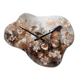 Rose Gold Butterfly Wings And Flowers I - Asymmetric Metal Wall Clock