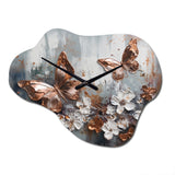 Rose Gold Butterfly Wings And Flowers III - Asymmetric Metal Wall Clock