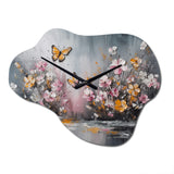 Flowers With White Butterflies II - Asymmetric Metal Wall Clock