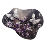Purple And White Butterfly Wings And Flowers - Asymmetric Metal Wall Clock