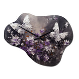 Purple And White Butterfly Wings And Flowers - Asymmetric Metal Wall Clock