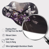 Purple And White Butterfly Wings And Flowers - Asymmetric Metal Wall Clock