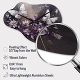 Purple And White Butterfly Wings And Flowers - Asymmetric Metal Wall Clock