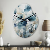 Blue Leaf Foliage And Flowers I - Asymmetric Metal Wall Clock