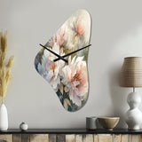 Pink Green Peonies On Branch II - Asymmetric Metal Wall Clock