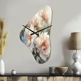 Pink Green Peonies On Branch II - Asymmetric Metal Wall Clock