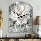 White Grey Peony Blooms In Motion I - Asymmetric Metal Wall Clock