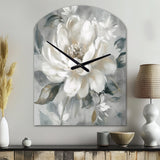 White Grey Peony Blooms In Motion I - Asymmetric Metal Wall Clock