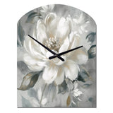 White Grey Peony Blooms In Motion I - Asymmetric Metal Wall Clock