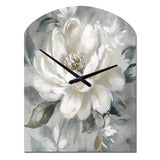 White Grey Peony Blooms In Motion I - Asymmetric Metal Wall Clock