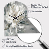 White Grey Peony Blooms In Motion I - Asymmetric Metal Wall Clock