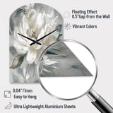 White Grey Peony Blooms In Motion I - Asymmetric Metal Wall Clock