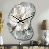 White Grey Peony Blooms In Motion I - Asymmetric Metal Wall Clock