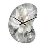 White Grey Peony Blooms In Motion I - Asymmetric Metal Wall Clock