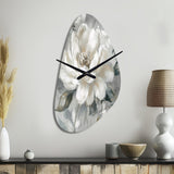 White Grey Peony Blooms In Motion I - Asymmetric Metal Wall Clock