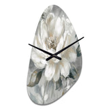 White Grey Peony Blooms In Motion I - Asymmetric Metal Wall Clock