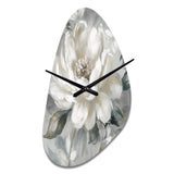 White Grey Peony Blooms In Motion I - Asymmetric Metal Wall Clock