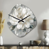 White Grey Peony Blooms In Motion I - Asymmetric Metal Wall Clock