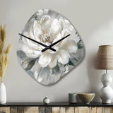 White Grey Peony Blooms In Motion I - Asymmetric Metal Wall Clock